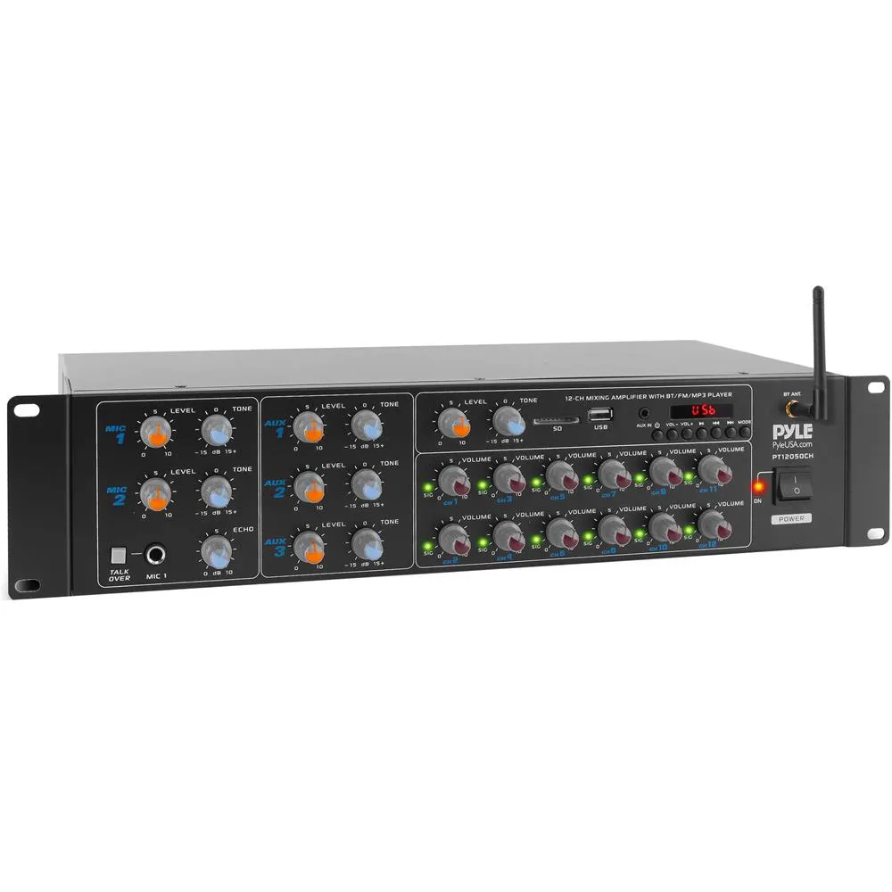 12-Ch. Audio Karaoke Bluetooth Amplifier - Stage & Studio Sound Mixer Receiver System With Microphone Talk-Over, Mp3/Usb/Sd/Aux, Rack Mount (6000 Watt)