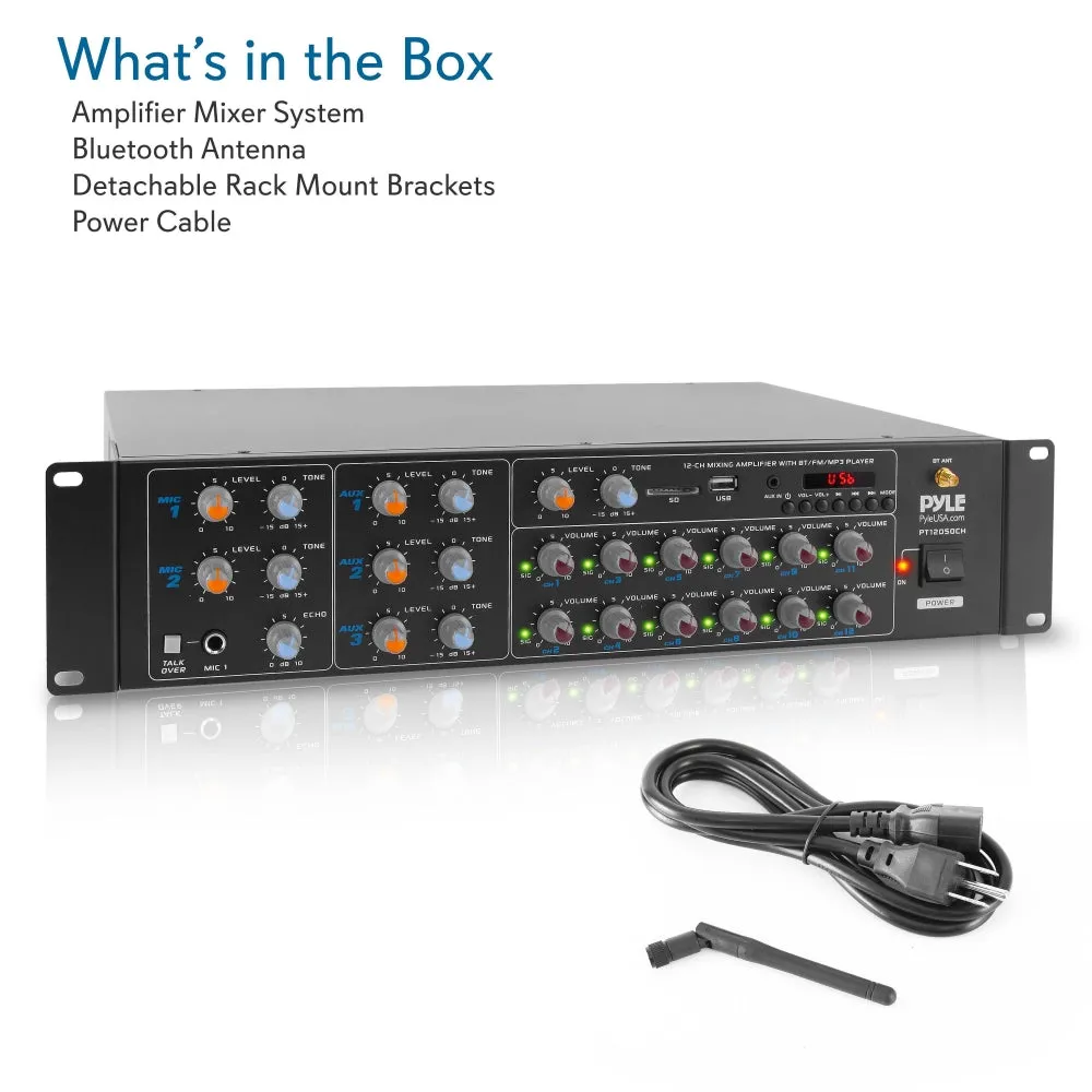 12-Ch. Audio Karaoke Bluetooth Amplifier - Stage & Studio Sound Mixer Receiver System With Microphone Talk-Over, Mp3/Usb/Sd/Aux, Rack Mount (6000 Watt)