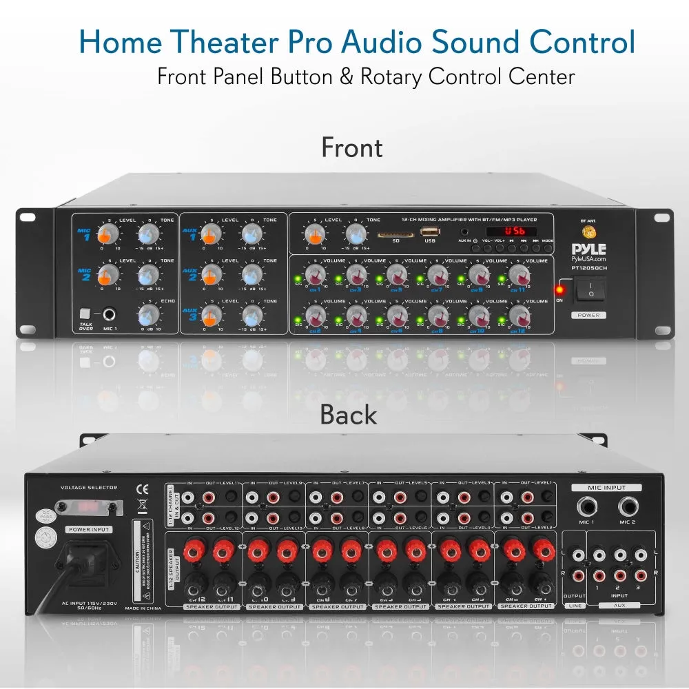 12-Ch. Audio Karaoke Bluetooth Amplifier - Stage & Studio Sound Mixer Receiver System With Microphone Talk-Over, Mp3/Usb/Sd/Aux, Rack Mount (6000 Watt)