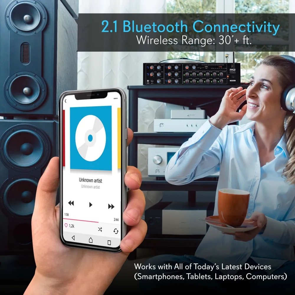 12-Ch. Audio Karaoke Bluetooth Amplifier - Stage & Studio Sound Mixer Receiver System With Microphone Talk-Over, Mp3/Usb/Sd/Aux, Rack Mount (6000 Watt)