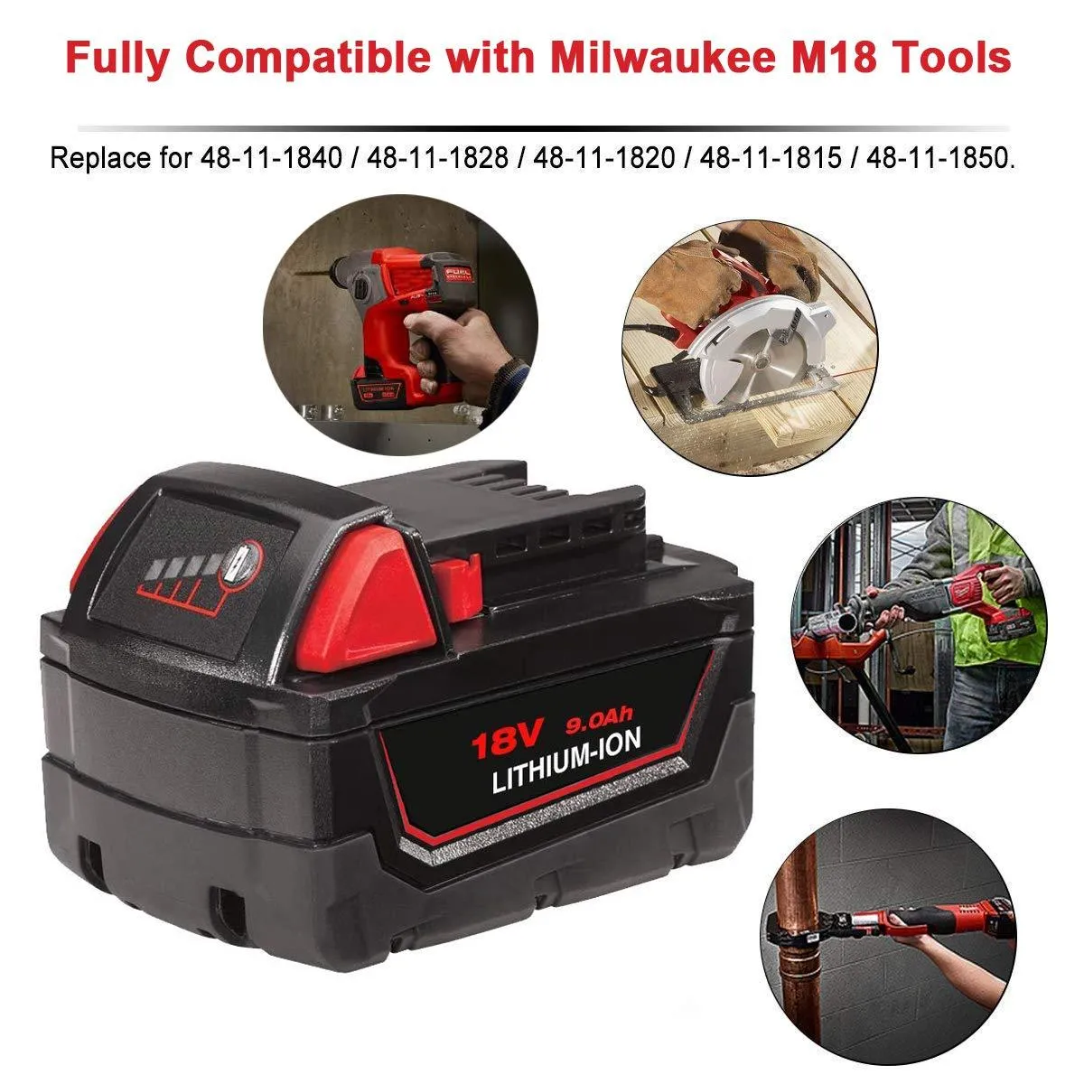 2 Pack m18 9.0Ah Li-ion Replacement Battery for Milwaukee 18V 48-11-1820 48-11-1828 48-11-1850 48-11-1860 48-11-10 Tools