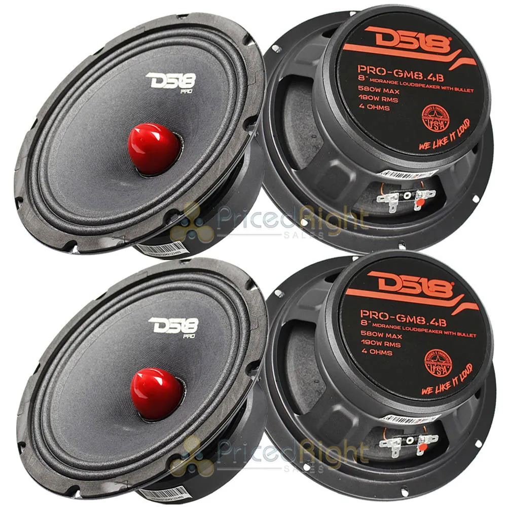 4 Pack DS18 8" Inch Midrange Loudspeaker 580 Watt Max Bullet 4 Ohm PRO-GM8.4B