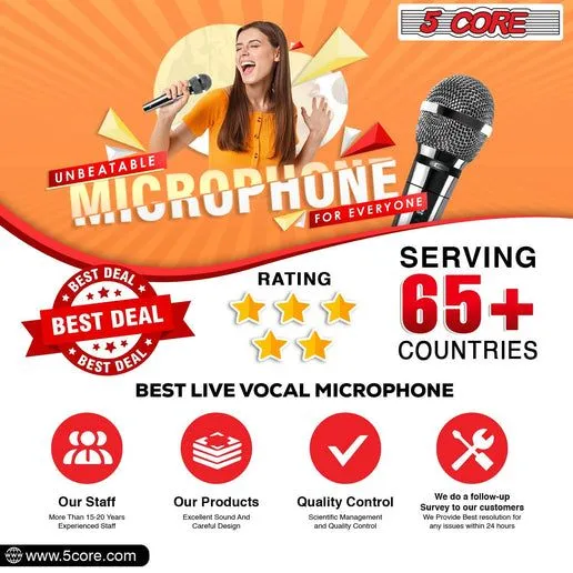 5 CORE Microphone Dynamic Vocal Handheld Mic Cardioid Unidirectional Microfono w On Off Switch   XLR Audio Cable for Singing Karaoke Public Speaking & Parties - PM 111 CH
