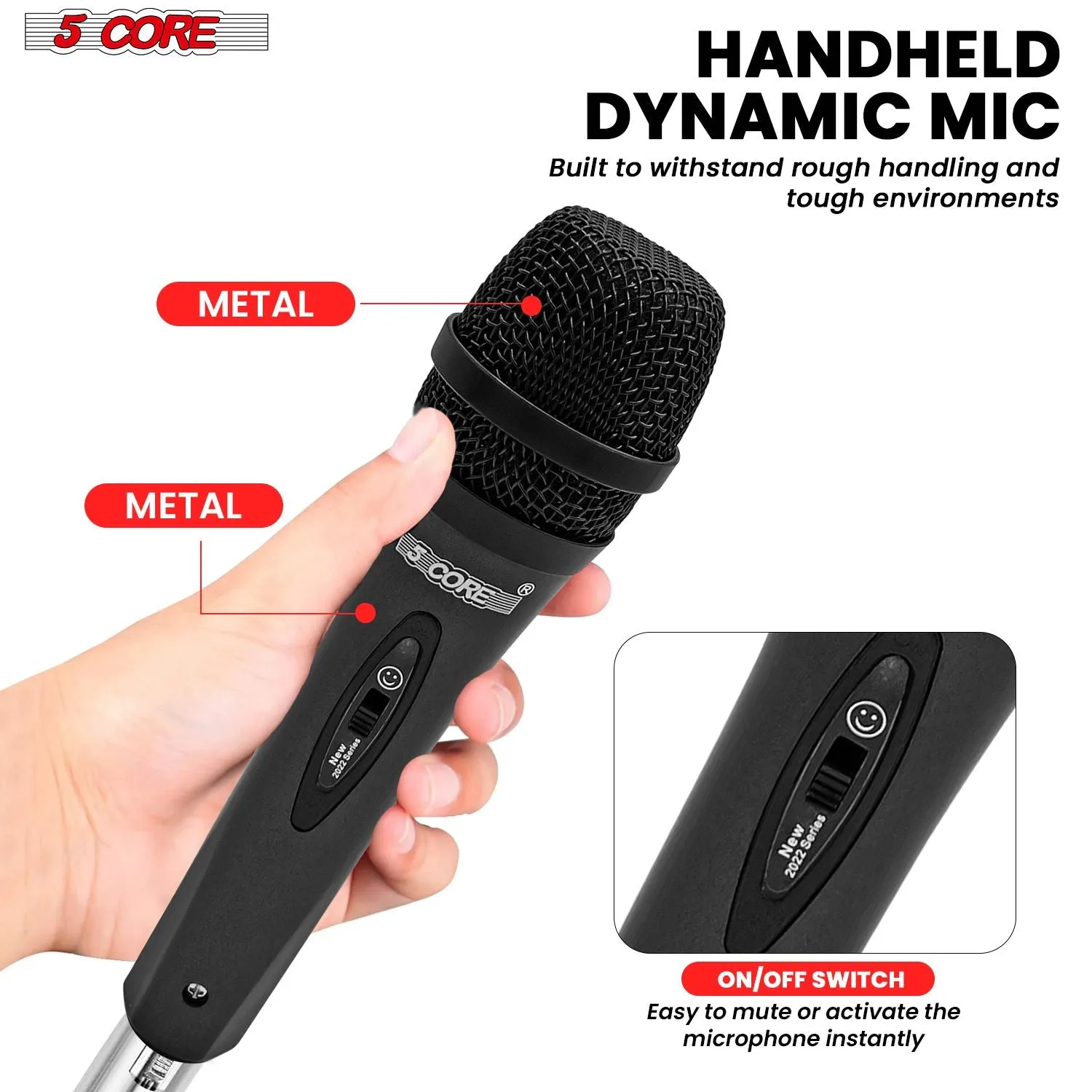 5 CORE Microphone Dynamic Vocal Handheld Mic Cardioid Unidirectional Microfono w On Off Switch   XLR Audio Cable for Singing Karaoke Public Speaking & Parties - PM-286