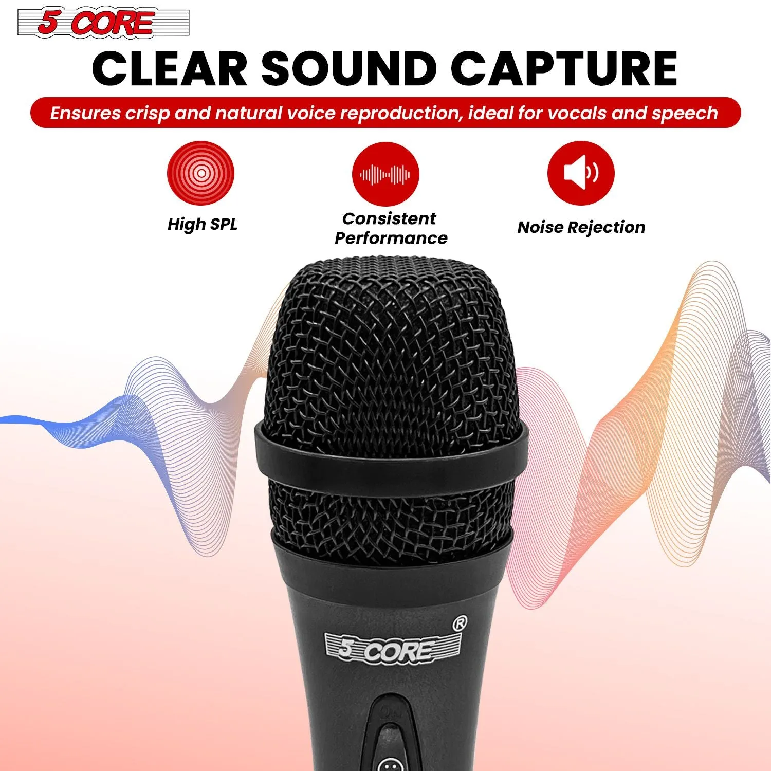 5 CORE Microphone Dynamic Vocal Handheld Mic Cardioid Unidirectional Microfono w On Off Switch   XLR Audio Cable for Singing Karaoke Public Speaking & Parties - PM-286