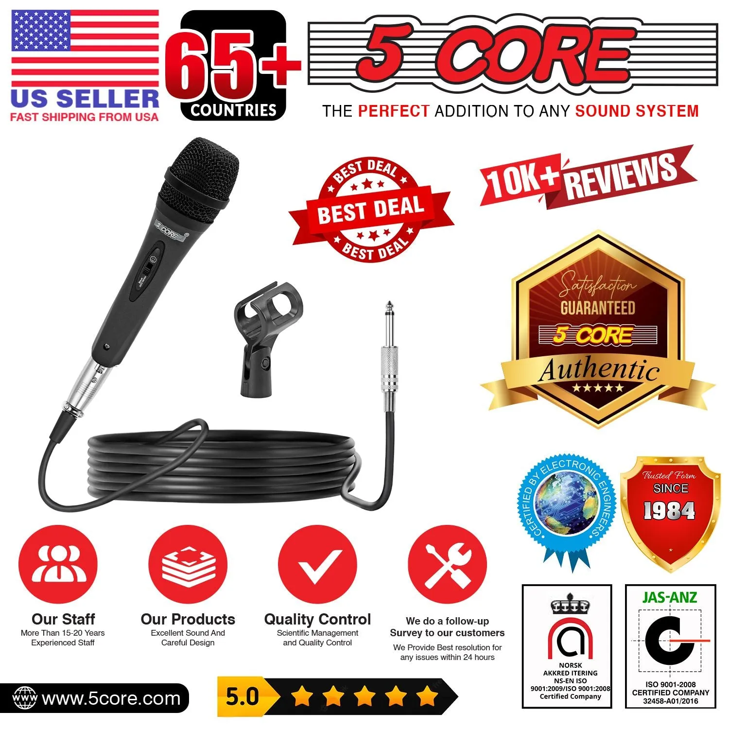5 CORE Microphone Dynamic Vocal Handheld Mic Cardioid Unidirectional Microfono w On Off Switch   XLR Audio Cable for Singing Karaoke Public Speaking & Parties - PM-286
