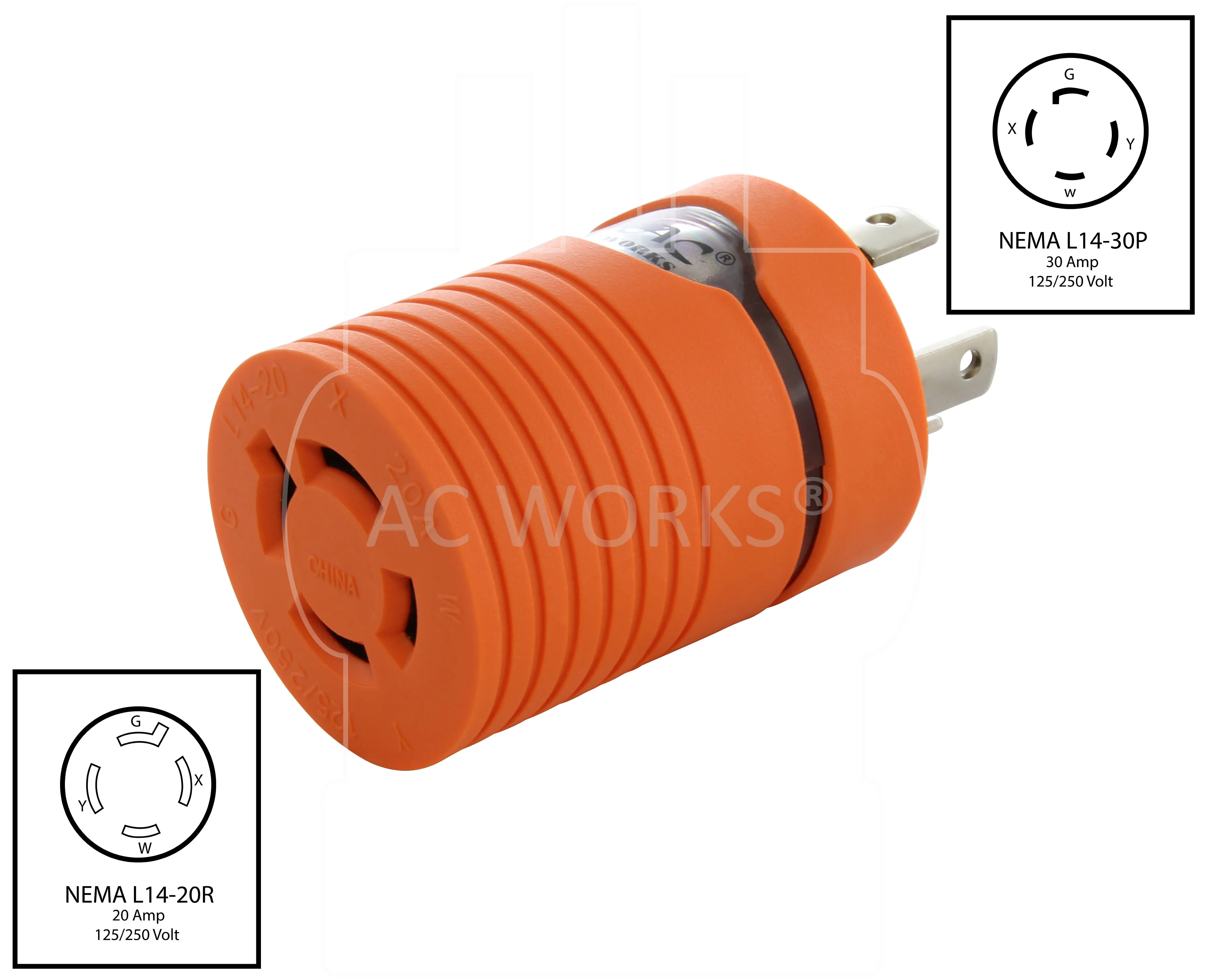 AC WORKS® [ADL1430L1420] 30A 4-Prong 125/250V L14-30P Plug to L14-20R 20A 4-Prong 125/250V Connector with cCSAus Approval