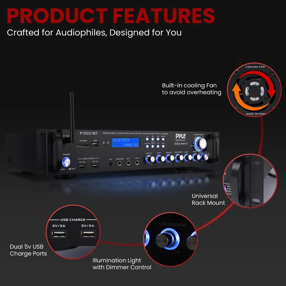 Bluetooth Hybrid Amplifier Receiver - Home Theater Pre-Amplifier With Wireless Streaming Ability W/ Digital Optical/Coax, Mp3/Usb/Sd/Aux/Fm Radio (3000 Watt)