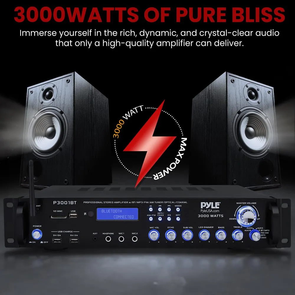 Bluetooth Hybrid Amplifier Receiver - Home Theater Pre-Amplifier With Wireless Streaming Ability W/ Digital Optical/Coax, Mp3/Usb/Sd/Aux/Fm Radio (3000 Watt)