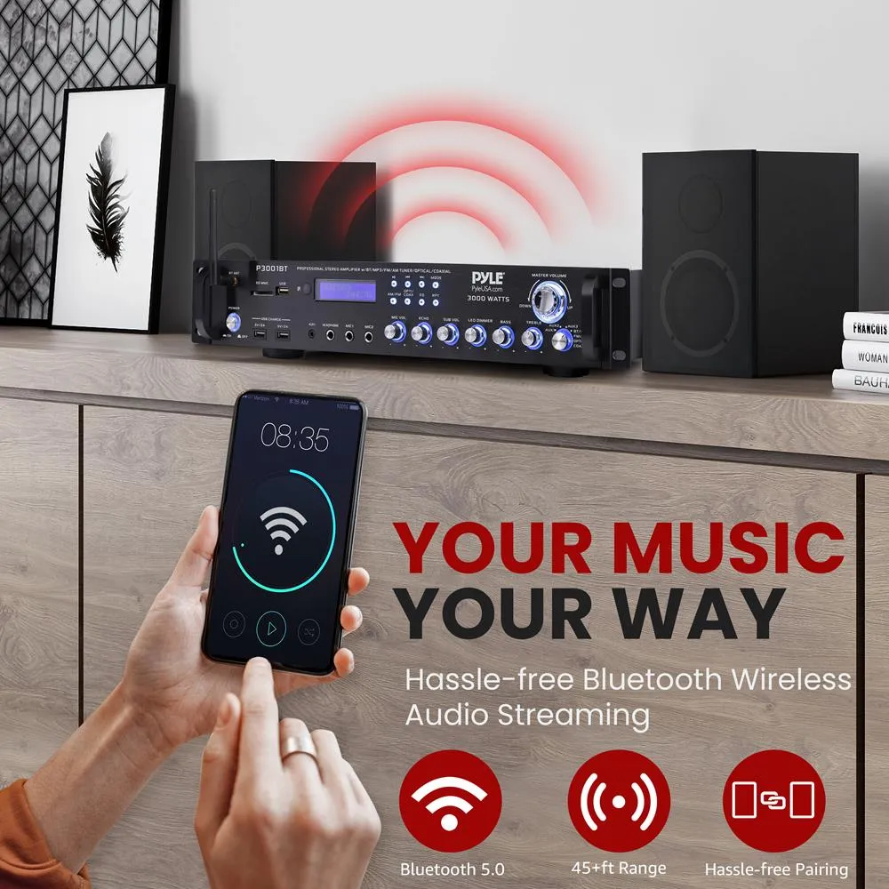 Bluetooth Hybrid Amplifier Receiver - Home Theater Pre-Amplifier With Wireless Streaming Ability W/ Digital Optical/Coax, Mp3/Usb/Sd/Aux/Fm Radio (3000 Watt)