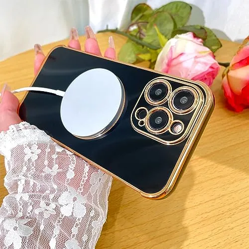 Bonoma for iPhone 14 Pro Max Magnetic Case Compatible with MagSafe, Luxury Plating Bling Rose Pattern Shockproof Case with Raised Full Camera Lens Protection for Women Girls -Black