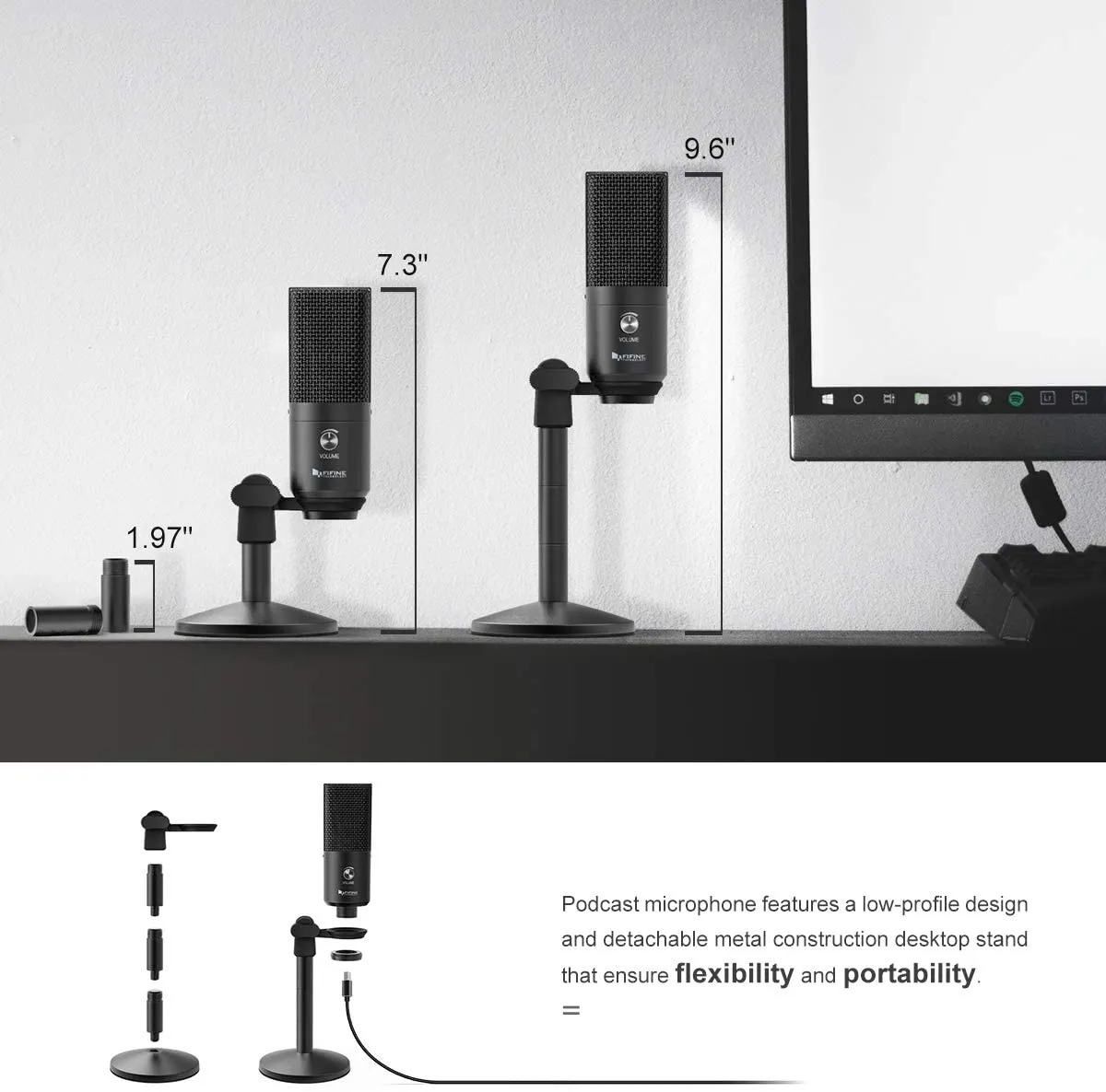 Fifine K670B Podcast Microphone USB with Headphone Monitoring 3.5mm Jack and Pluggable USB Connectivity Cable for Computer, PC, Mac, Windows,Recording Voice Over, Streaming, Youtube