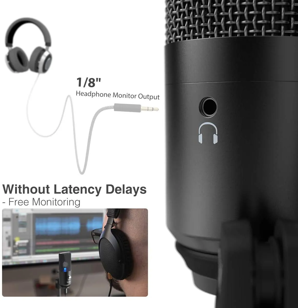 Fifine K670B Podcast Microphone USB with Headphone Monitoring 3.5mm Jack and Pluggable USB Connectivity Cable for Computer, PC, Mac, Windows,Recording Voice Over, Streaming, Youtube