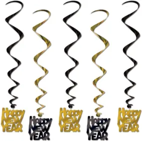 Happy New Year Gold & Black Whirl Streamers 36" (3/Pk)