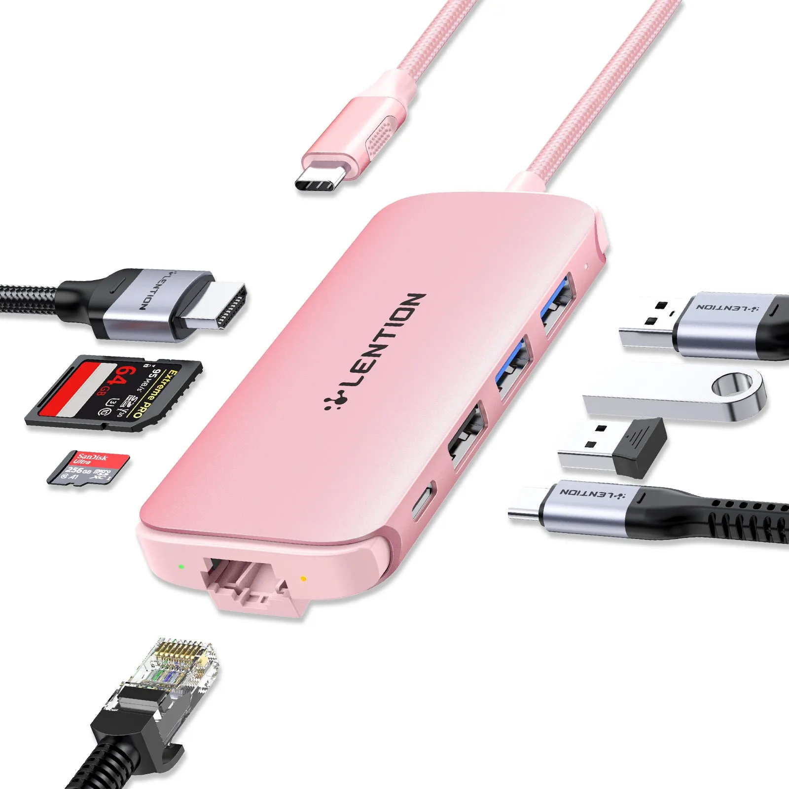 LENTION USB C Hub with Adjustable Ethernet Adapter, 4K HDMI, SD/Card Reader, USB 3.0, More (CB-C48)