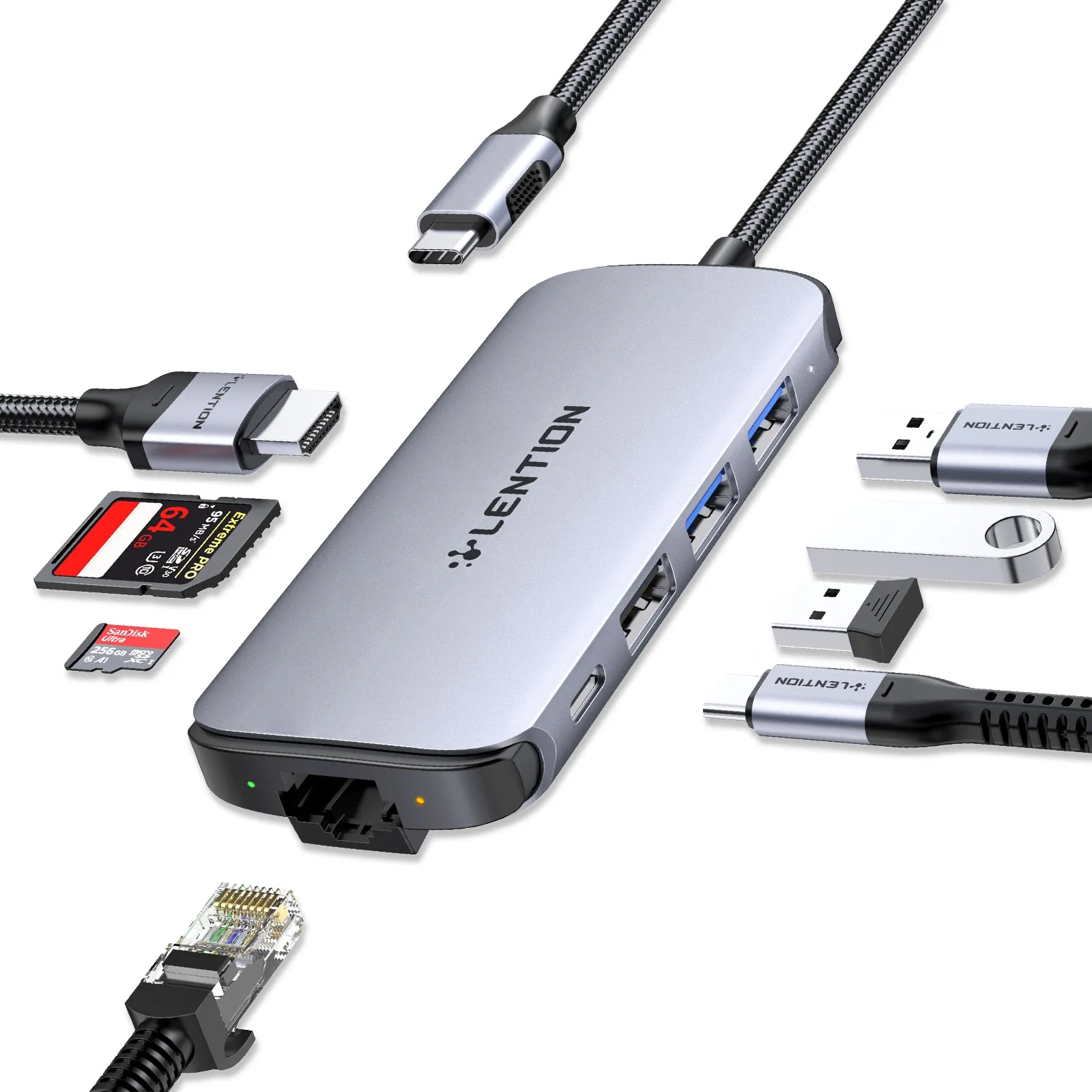 LENTION USB C Hub with Adjustable Ethernet Adapter, 4K HDMI, SD/Card Reader, USB 3.0, More (CB-C48)