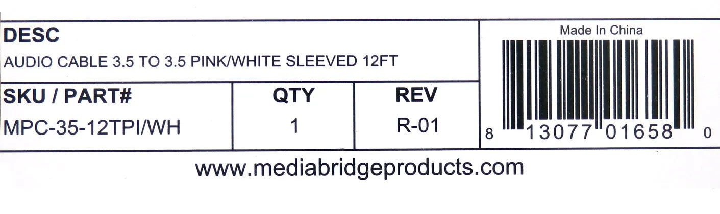 MediaBridge 12 Foot Pink & White 3.5mm Male to Male Audio Cable MPC-35-12TPI/WH