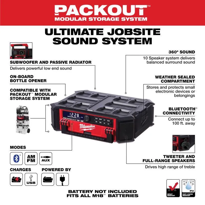 Milwaukee Packout Wireless Bluetooth Weather Resistant Radio   Charger