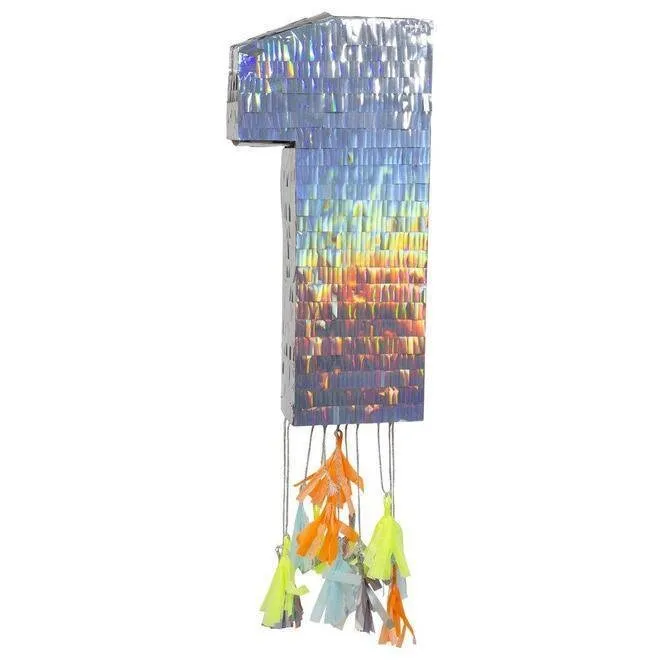 Number Birthday Piñatas, Large Silver Holographic Number Piñatas with Decorative Colorful Tissue Tassels by Meri Meri, 0-9 available