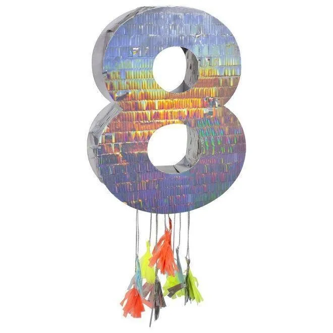 Number Birthday Piñatas, Large Silver Holographic Number Piñatas with Decorative Colorful Tissue Tassels by Meri Meri, 0-9 available