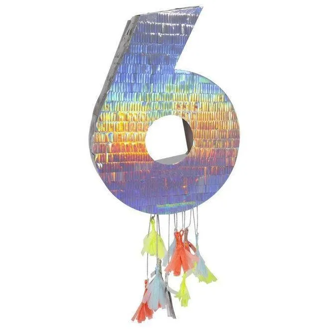 Number Birthday Piñatas, Large Silver Holographic Number Piñatas with Decorative Colorful Tissue Tassels by Meri Meri, 0-9 available