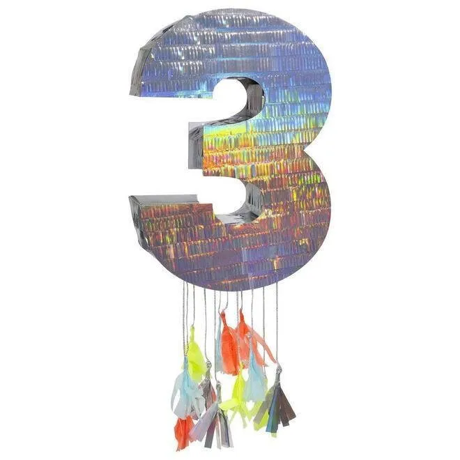 Number Birthday Piñatas, Large Silver Holographic Number Piñatas with Decorative Colorful Tissue Tassels by Meri Meri, 0-9 available