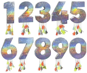 Number Birthday Piñatas, Large Silver Holographic Number Piñatas with Decorative Colorful Tissue Tassels by Meri Meri, 0-9 available