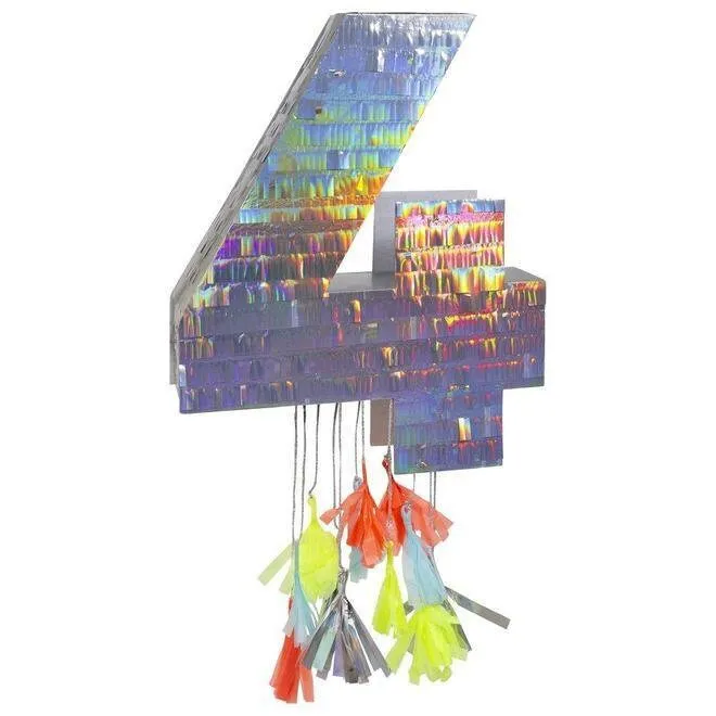 Number Birthday Piñatas, Large Silver Holographic Number Piñatas with Decorative Colorful Tissue Tassels by Meri Meri, 0-9 available