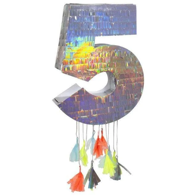 Number Birthday Piñatas, Large Silver Holographic Number Piñatas with Decorative Colorful Tissue Tassels by Meri Meri, 0-9 available