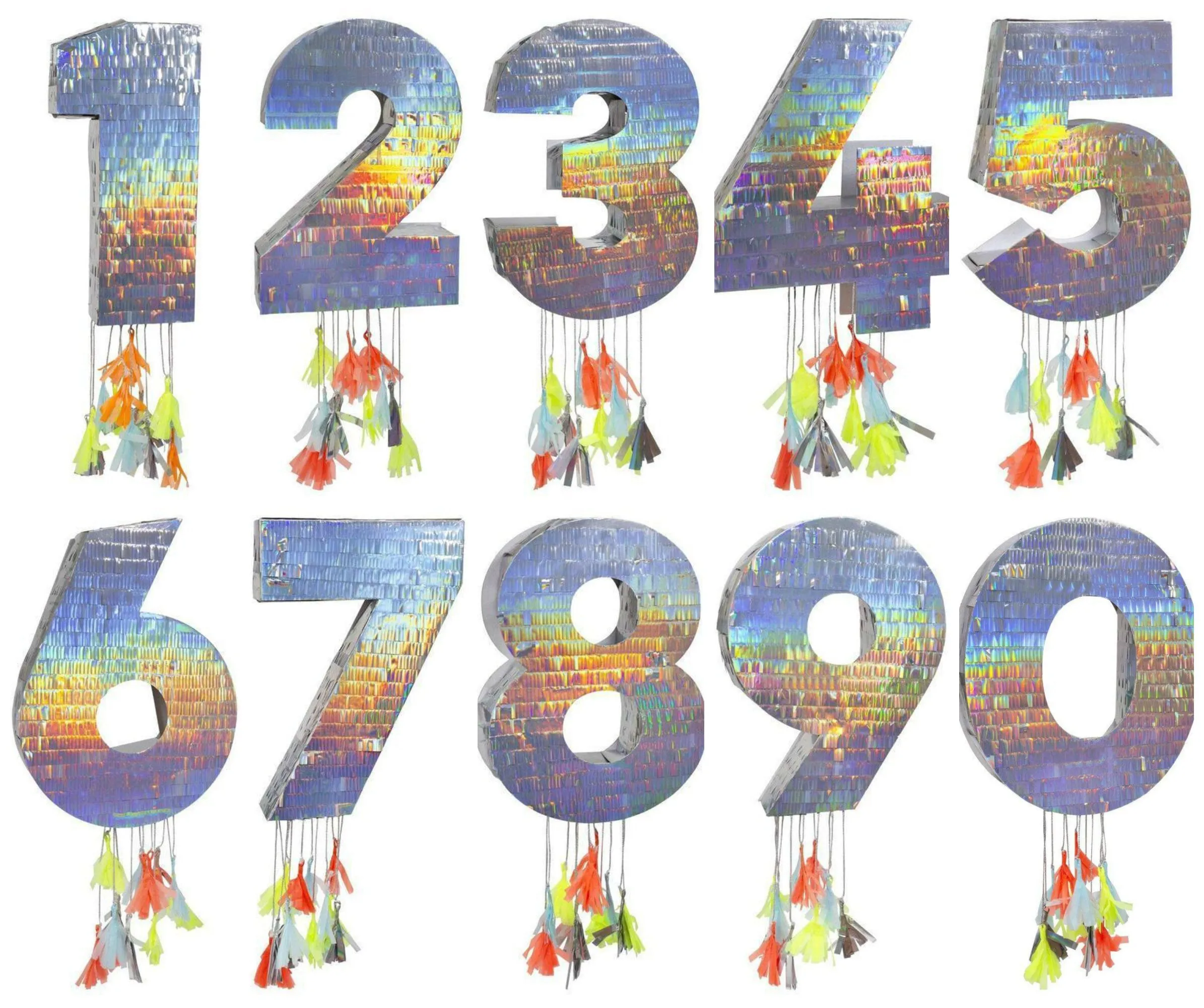 Number Birthday Piñatas, Large Silver Holographic Number Piñatas with Decorative Colorful Tissue Tassels by Meri Meri, 0-9 available