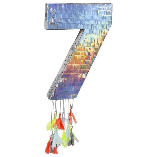 Number Birthday Piñatas, Large Silver Holographic Number Piñatas with Decorative Colorful Tissue Tassels by Meri Meri, 0-9 available