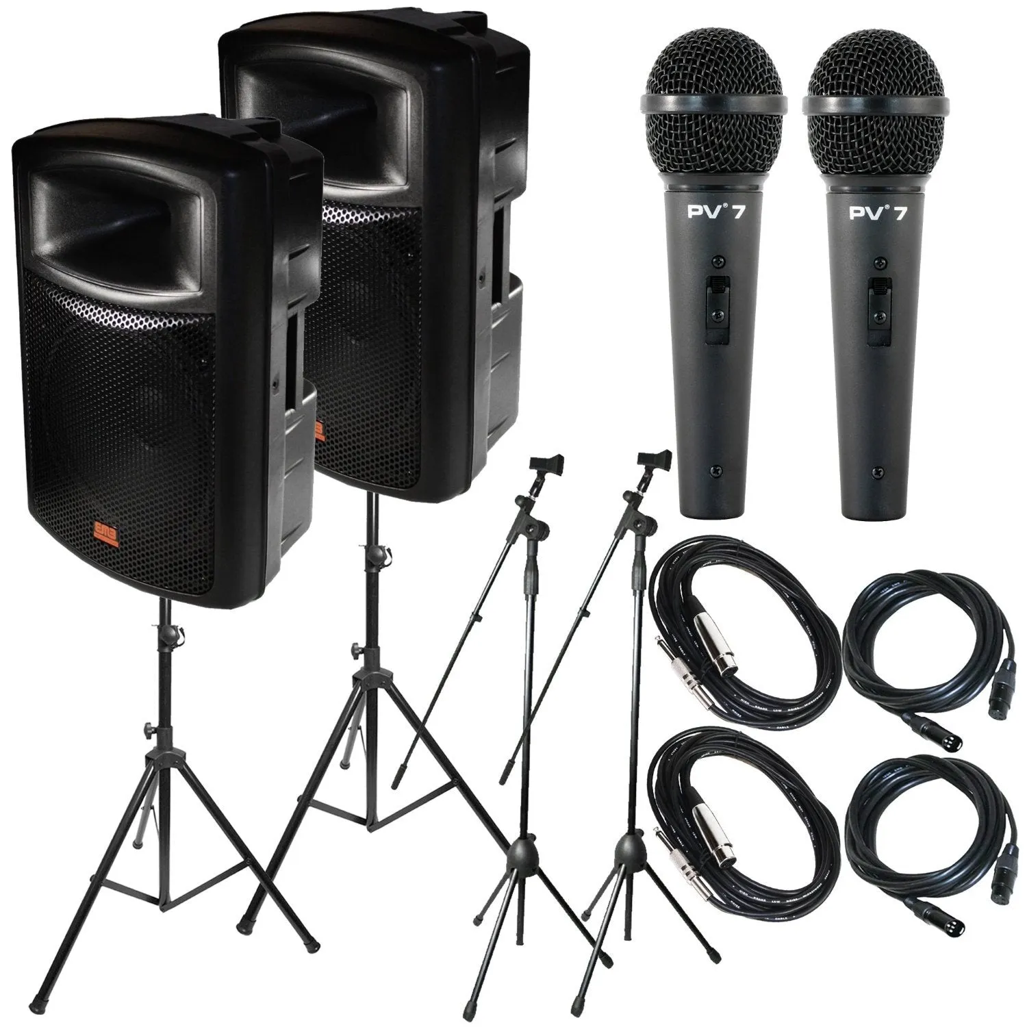 Package Bundle: 2x EMB EB112BT Pro 12" 2-way 900W Bluetooth Powered Speaker   2x Speaker Stands   2x Peavey PV7 Dynamic Cardiod Microphones With Cables   2 Microphone Stand   2 XLR Xlarge Cables