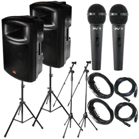 Package Bundle: 2x EMB EB112BT Pro 12" 2-way 900W Bluetooth Powered Speaker   2x Speaker Stands   2x Peavey PV7 Dynamic Cardiod Microphones With Cables   2 Microphone Stand   2 XLR Xlarge Cables