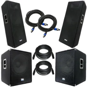 Pair of Dual 15" PA DJ Speakers, Pair of Powered 18" Subs, and 4 Cables