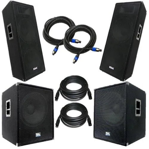 Pair of Dual 15" PA DJ Speakers, Pair of Powered 18" Subs, and 4 Cables