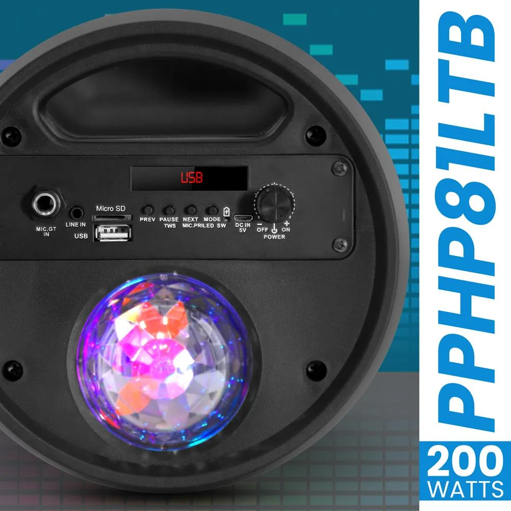 Portable Pa Speaker System Bundle Kit With Built-In Led Lights, Rechargeable Battery, Bluetooth Wireless Streaming, Handheld Microphone, Mp3/Usb/Micro Sd/Fm Radio (6.5’’ -Inch, 200 Watt)
