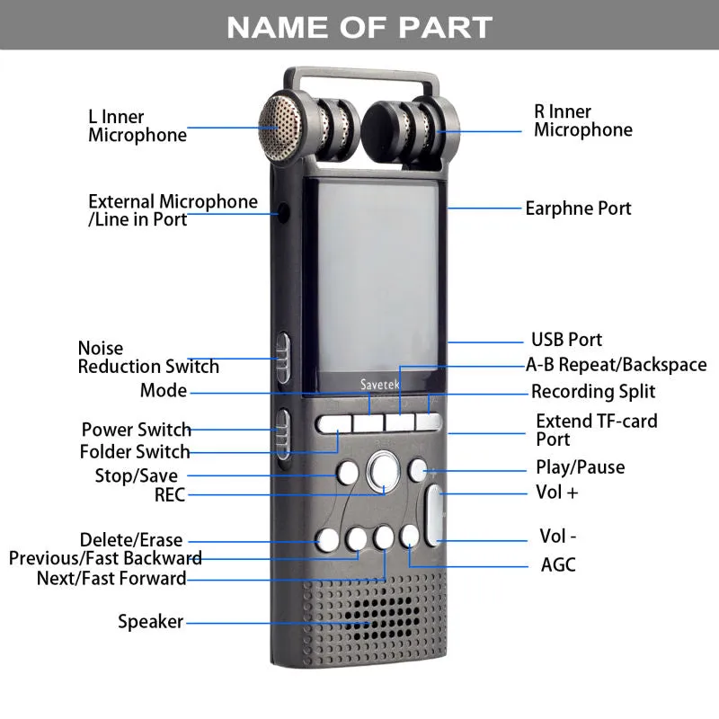 Professional Voice Activated Digital Audio Voice Recorder 16GB USB Pen Non-Stop 100hr Recording PCM 1536Kbps,Support TF-Card