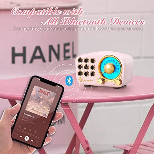 Retro Vintage FM Radio Bluetooth 4.2 Wireless Speaker w/Volume & Bass Enhancement, Pink or Red