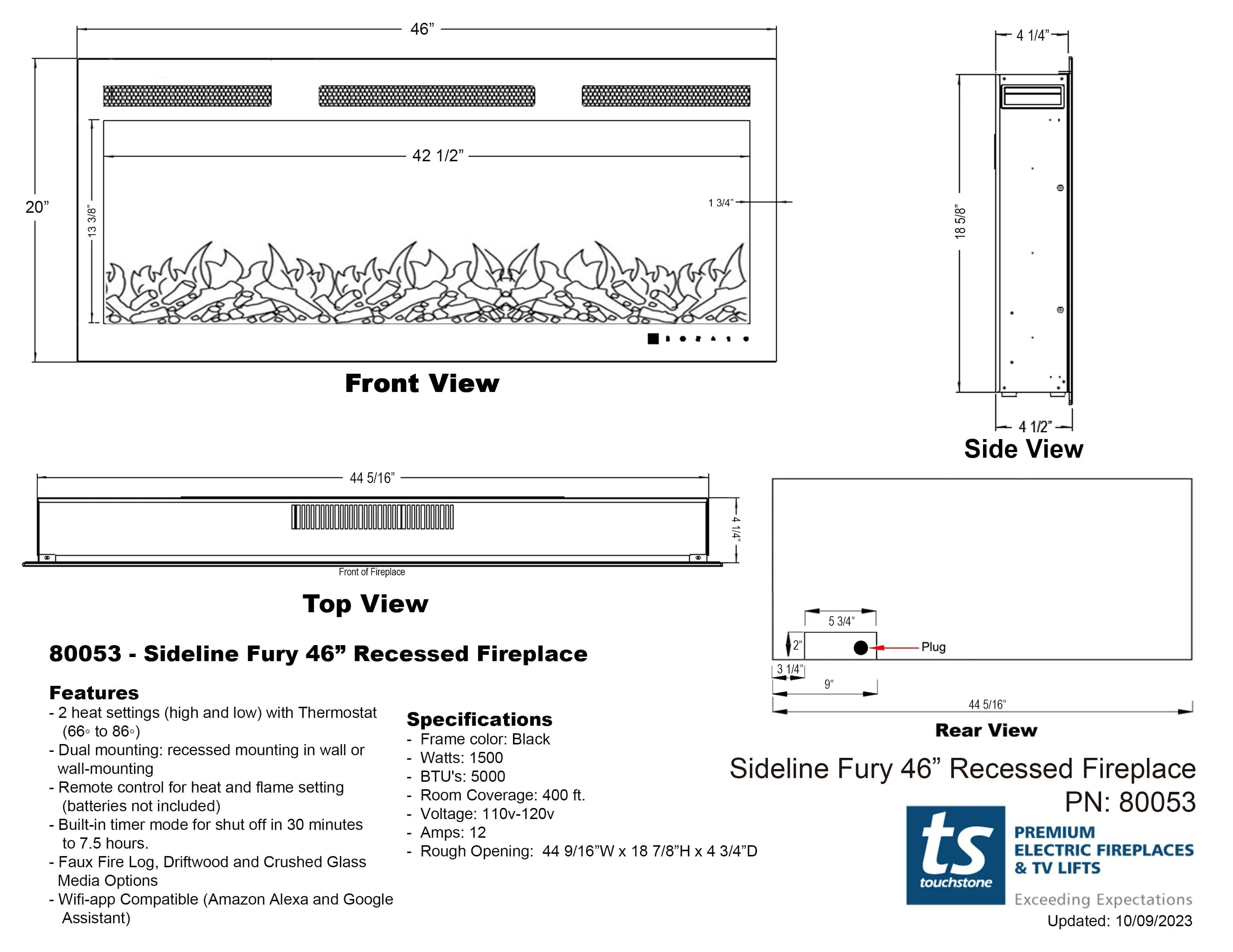 Sideline Fury 46 Inch Slim-Depth Recessed Smart Electric Fireplace 80053