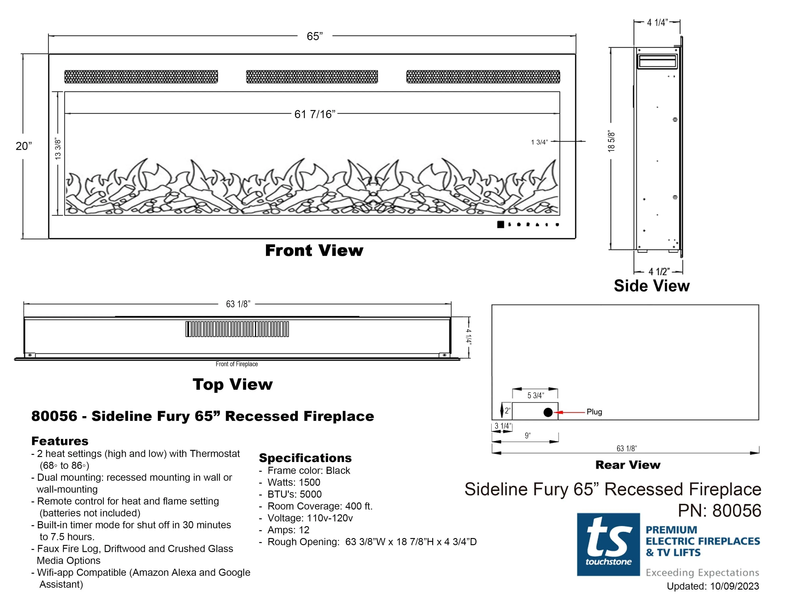 Sideline Fury 65 Inch Slim-Depth Recessed Smart Electric Fireplace 80056