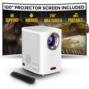 Smart Mini Android Projector 5500 Lumens with 100" Projector Screen Included |Built-in Dual Hi-Fi Speakers Supported 1080P (60FPS) Portable Projector 4K