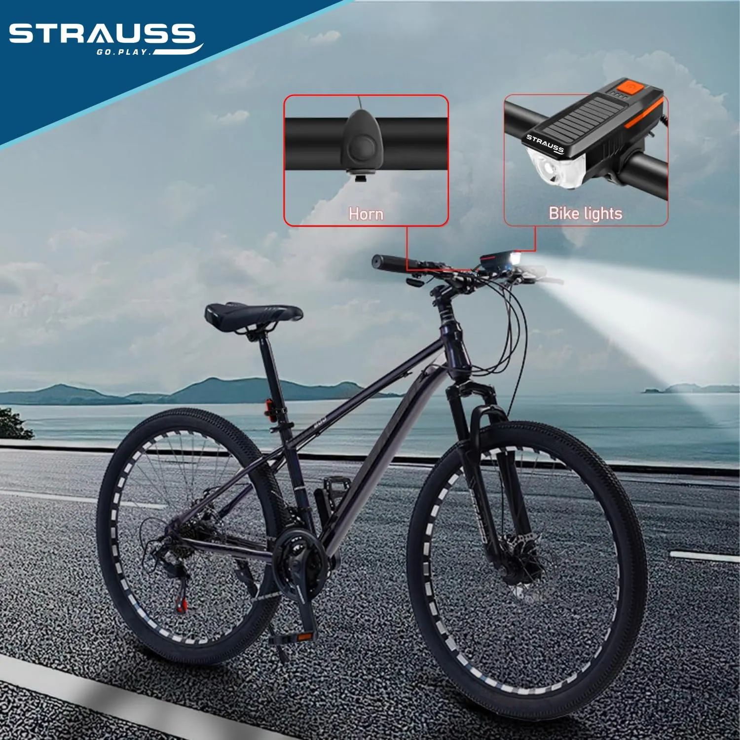 Strauss Bicycle LED Headlight with Horn | Rechargeable Front Bike Light & Horn Combo | Universal Adjustable Lamp for Cycling Safety | Horn & Headlight Functionality | 2-in-1 Device, (Orange)