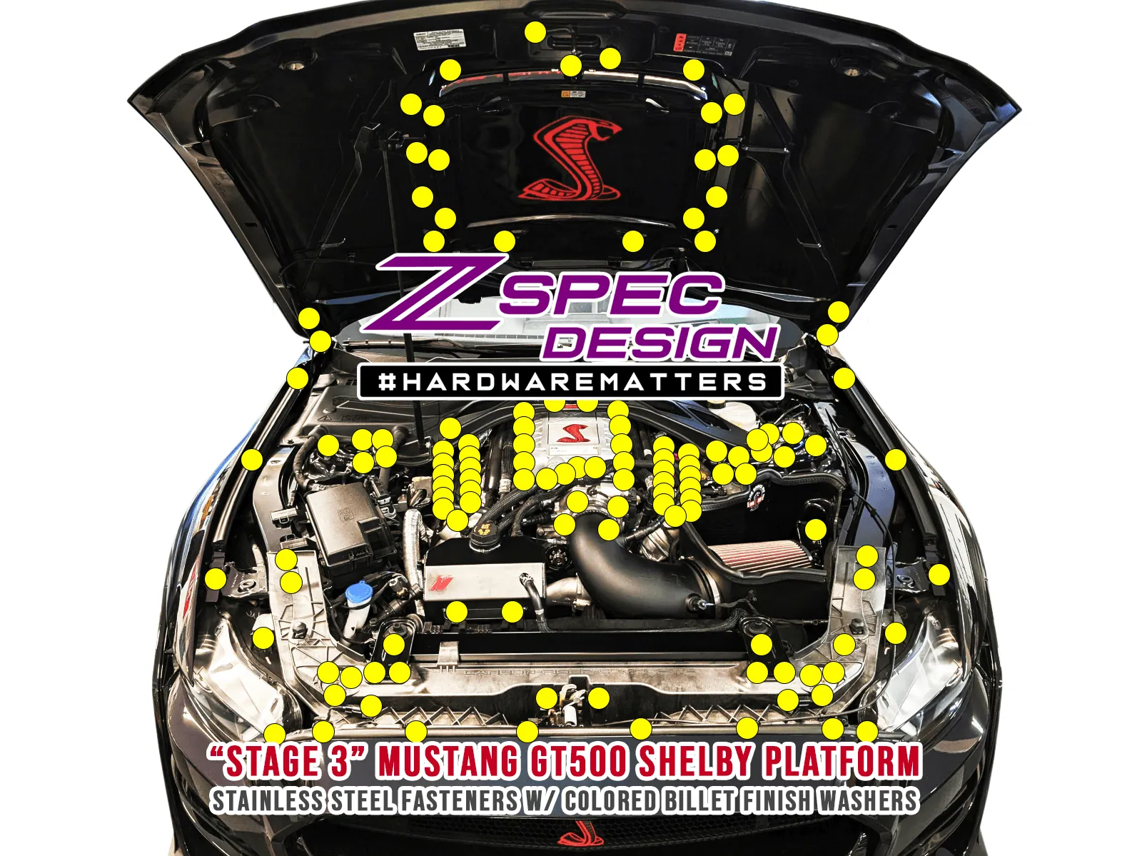 ZSPEC Stage-3 Dress Up Bolts® Fastener Kit for '15-23 Ford Mustang GT500 S550, Stainless & Billet
